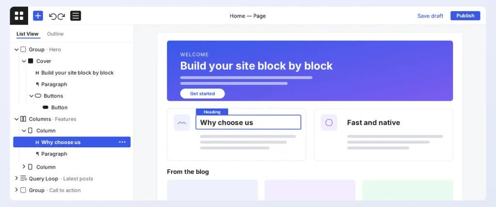 Gutenberg List View showing page block structure